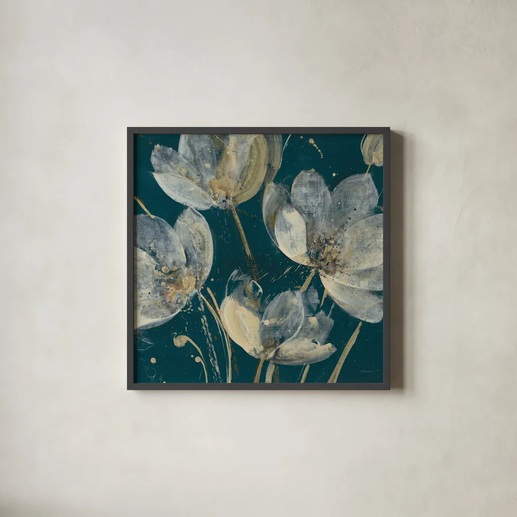 Translucent Garden Teal Crop by Albena Hristova. Shown in a sleek black glass frame for a contemporary gallery look. Available as an archival giclee rolled canvas, fine art paper, or poster print. SKU 51145a.