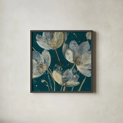 Translucent Garden Teal Crop by Albena Hristova. Shown in a sleek black glass frame for a contemporary gallery look. Available as an archival giclee rolled canvas, fine art paper, or poster print. SKU 51145a.