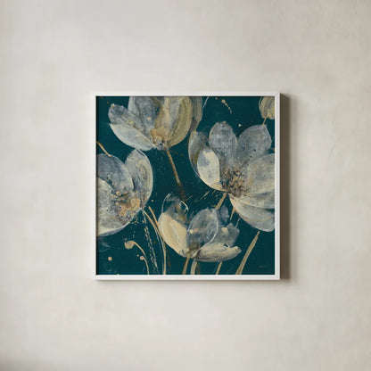 Translucent Garden Teal Crop by Albena Hristova. Shown in a crisp white glass frame for a clean and minimalist style. Available as an archival giclee rolled canvas, fine art paper, or poster print. SKU 51145a.