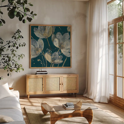 Translucent Garden Teal Crop by Albena Hristova. Shown in a natural wood frame in a cozy modern living room. Available as an archival giclee rolled canvas, fine art paper, or poster print. SKU 51145a.