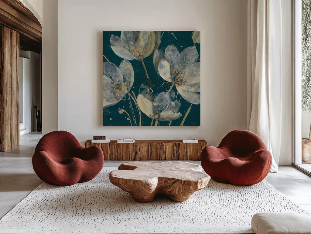 Translucent Garden Teal Crop by Albena Hristova. Shown as extra-large giant wall art in a modern living room. Available as an archival giclee rolled canvas, fine art paper, or poster print. SKU 51145a.
