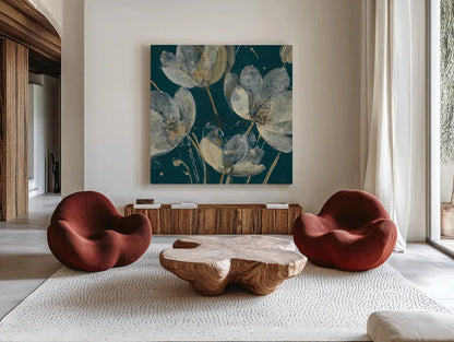 Translucent Garden Teal Crop by Albena Hristova. Shown as extra-large giant wall art in a modern living room. Available as an archival giclee rolled canvas, fine art paper, or poster print. SKU 51145a.