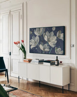 Translucent Garden with Light Blue by Albena Hristova. shown as a framed stretched canvas in a living room above a console. Available as a archival giclee rolled canvas, fine art paper, or poster print. SKU 71361i.