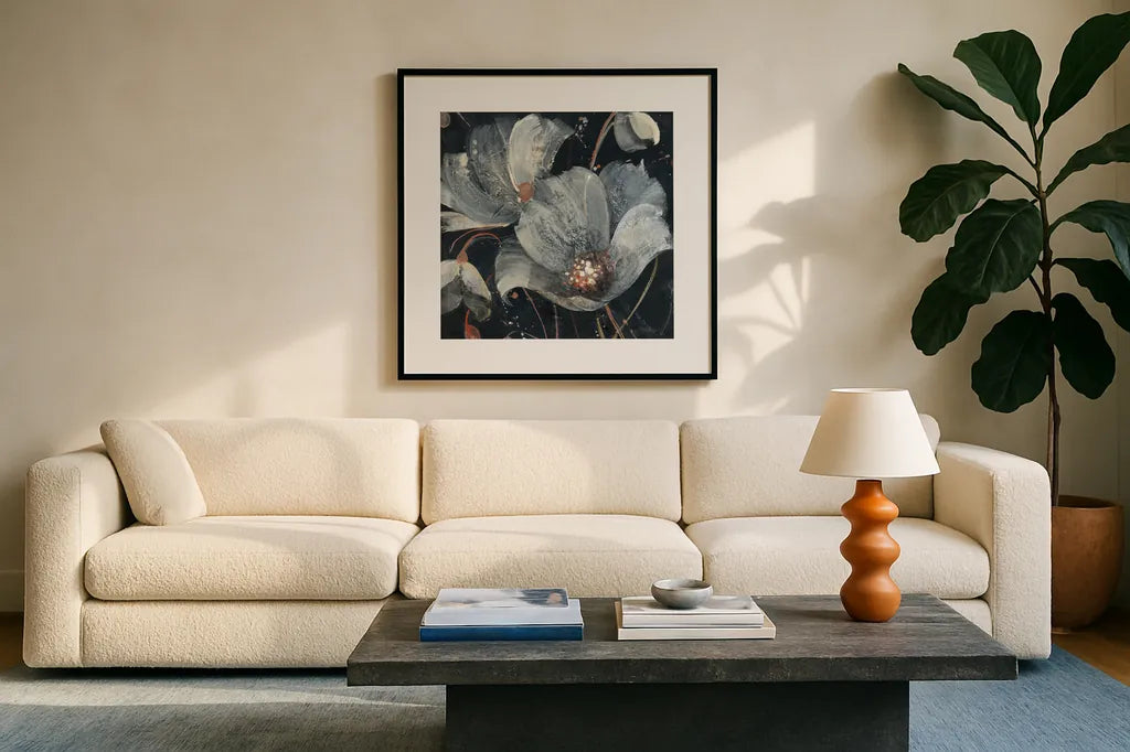 Translucent Poppies by Albena Hristova. Displayed in a glass frame with matte in a clean modern living room. Available as an archival giclee rolled canvas, fine art paper, or poster print. SKU 34623a.