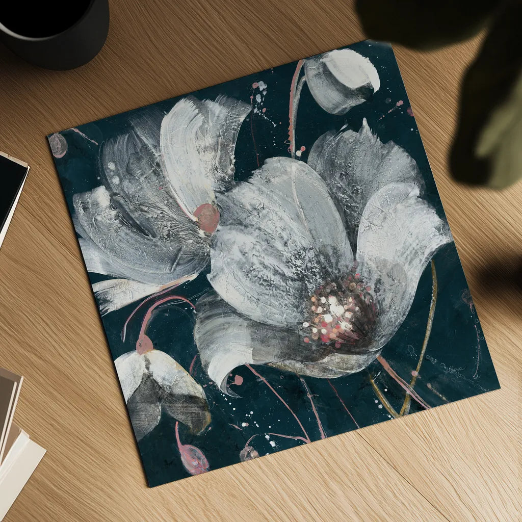 Transluncent Poppies Navy by Albena Hristova. Shown as a detailed flat fine art print, highlighting archival giclee quality. Available as an archival giclee rolled canvas, fine art paper, or poster print. SKU 36011a.