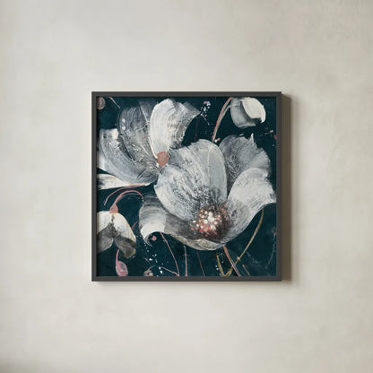 Transluncent Poppies Navy by Albena Hristova. Shown in a sleek black glass frame for a contemporary gallery look. Available as an archival giclee rolled canvas, fine art paper, or poster print. SKU 36011a.