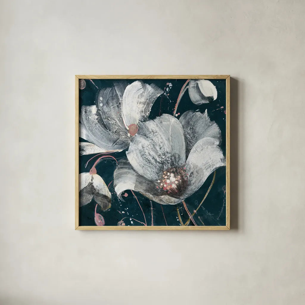 Transluncent Poppies Navy by Albena Hristova. Shown in a natural wood glass frame for a timeless modern aesthetic. Available as an archival giclee rolled canvas, fine art paper, or poster print. SKU 36011a.