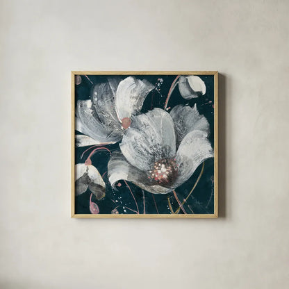 Transluncent Poppies Navy by Albena Hristova. Shown in a natural wood glass frame for a timeless modern aesthetic. Available as an archival giclee rolled canvas, fine art paper, or poster print. SKU 36011a.