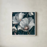 Transluncent Poppies Navy by Albena Hristova. Shown in a crisp white glass frame for a clean and minimalist style. Available as an archival giclee rolled canvas, fine art paper, or poster print. SKU 36011a.