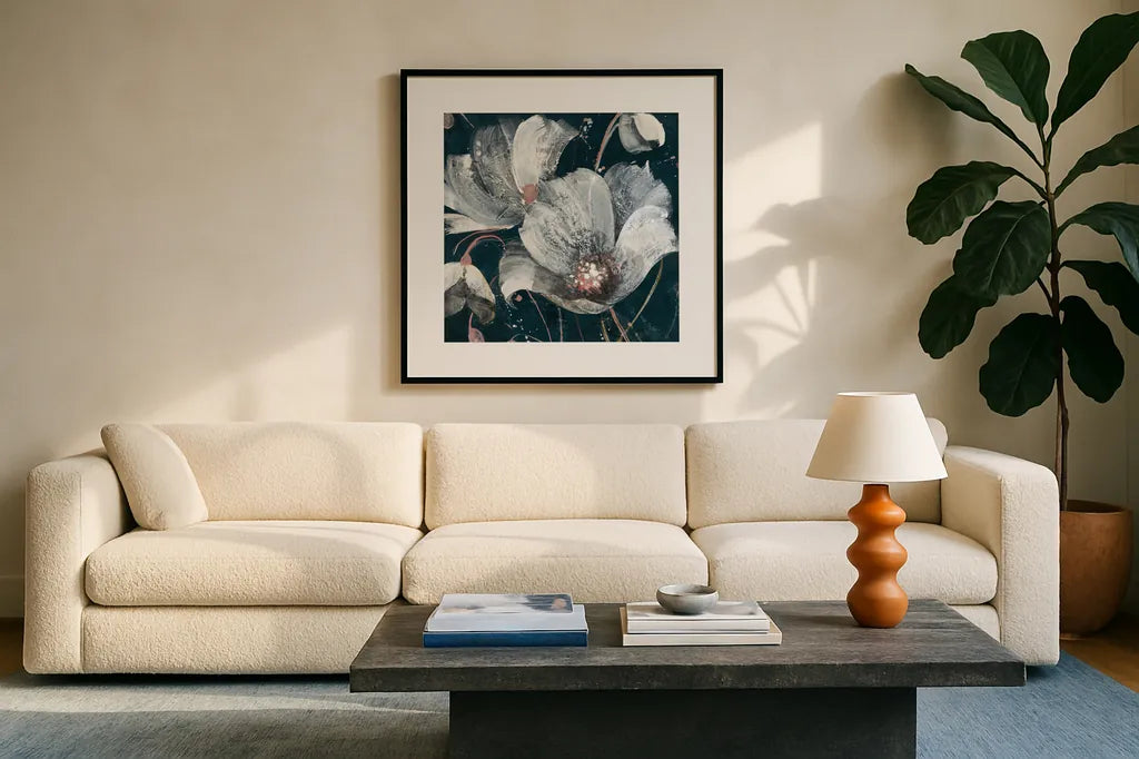 Transluncent Poppies Navy by Albena Hristova. Displayed in a glass frame with matte in a clean modern living room. Available as an archival giclee rolled canvas, fine art paper, or poster print. SKU 36011a.