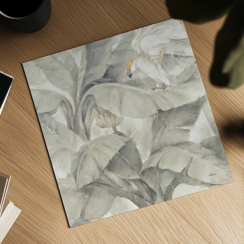 Tropical Canopy II Neutral Gold Sq by Albena Hristova. Shown as a detailed flat fine art print, highlighting archival giclee quality. Available as an archival giclee rolled canvas, fine art paper, or poster print. SKU 83676a.