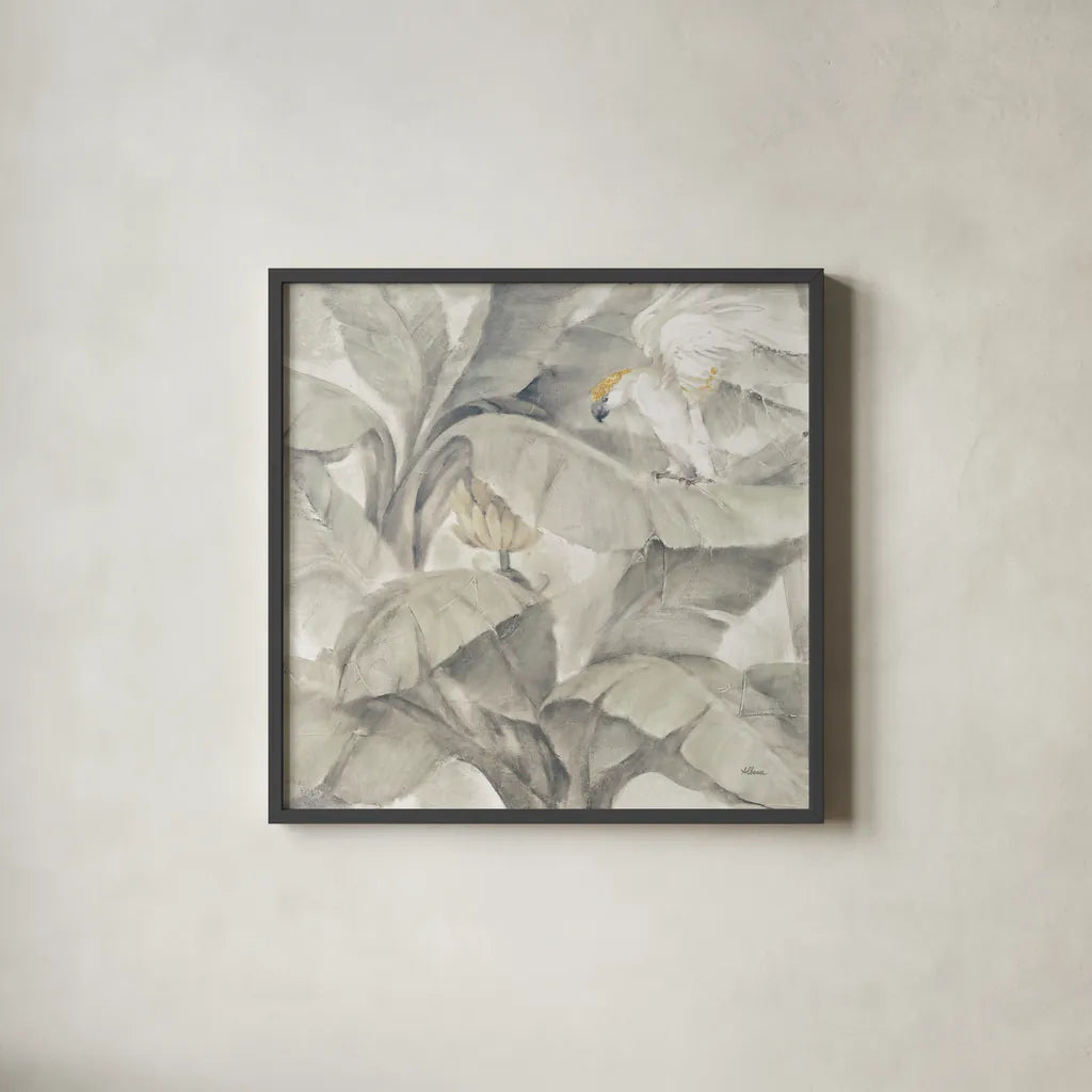 Tropical Canopy II Neutral Gold Sq by Albena Hristova. Shown in a sleek black glass frame for a contemporary gallery look. Available as an archival giclee rolled canvas, fine art paper, or poster print. SKU 83676a.