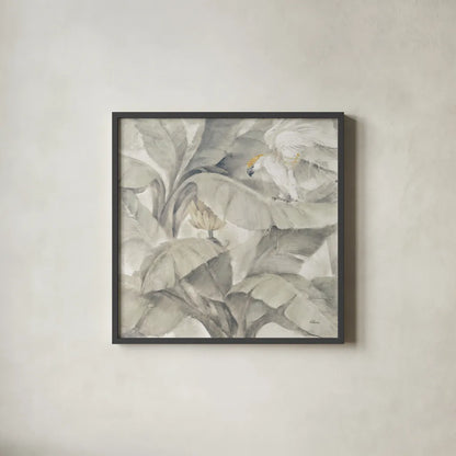 Tropical Canopy II Neutral Gold Sq by Albena Hristova. Shown in a sleek black glass frame for a contemporary gallery look. Available as an archival giclee rolled canvas, fine art paper, or poster print. SKU 83676a.