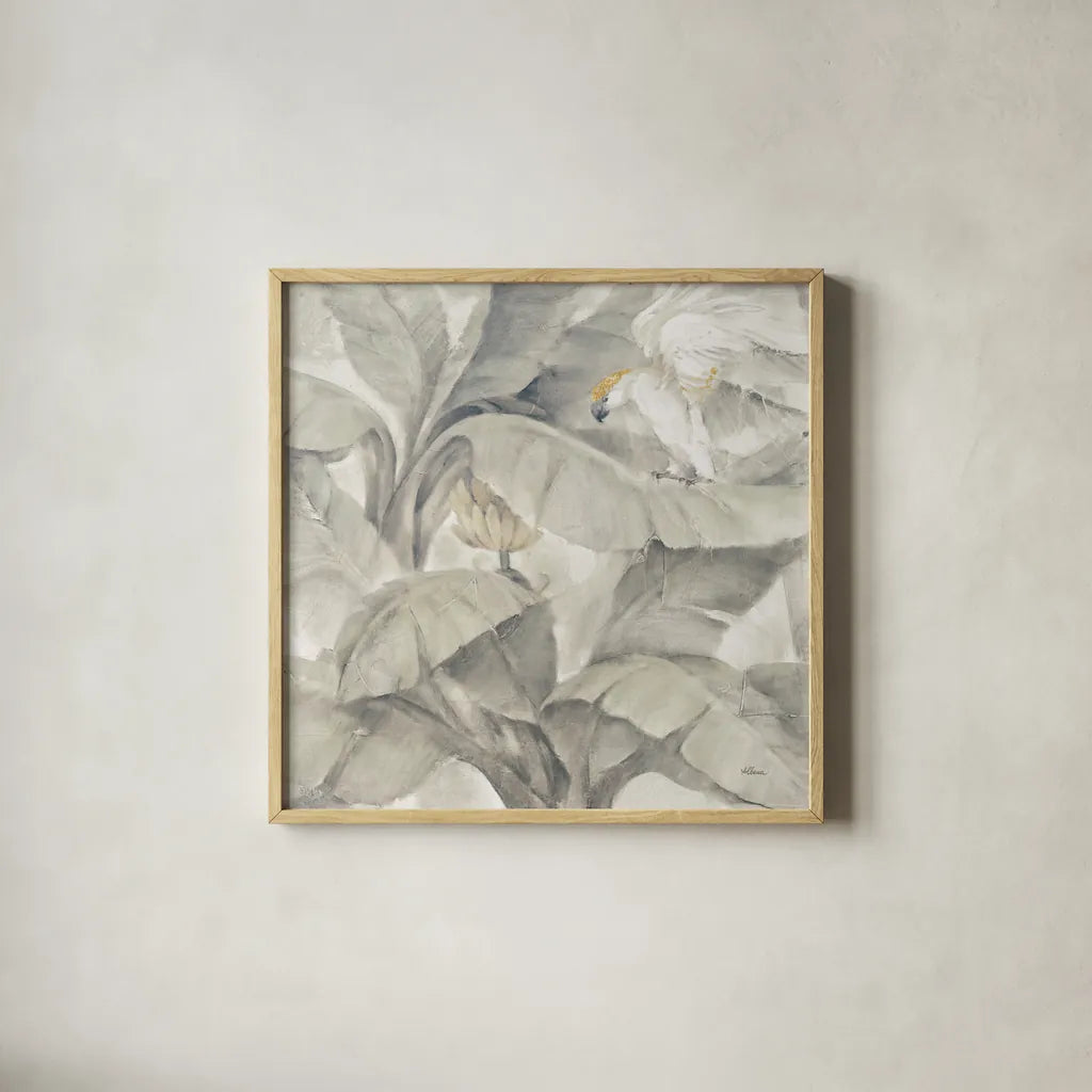 Tropical Canopy II Neutral Gold Sq by Albena Hristova. Shown in a natural wood glass frame for a timeless modern aesthetic. Available as an archival giclee rolled canvas, fine art paper, or poster print. SKU 83676a.