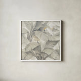Tropical Canopy II Neutral Gold Sq by Albena Hristova. Shown in a crisp white glass frame for a clean and minimalist style. Available as an archival giclee rolled canvas, fine art paper, or poster print. SKU 83676a.
