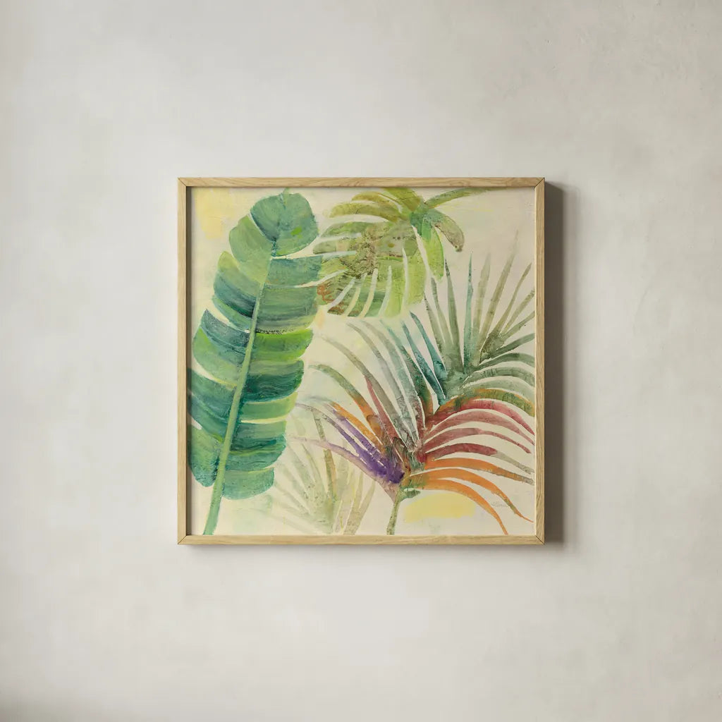 Tropical Delight I by Albena Hristova. Shown in a natural wood glass frame for a timeless modern aesthetic. Available as an archival giclee rolled canvas, fine art paper, or poster print. SKU 26517a.