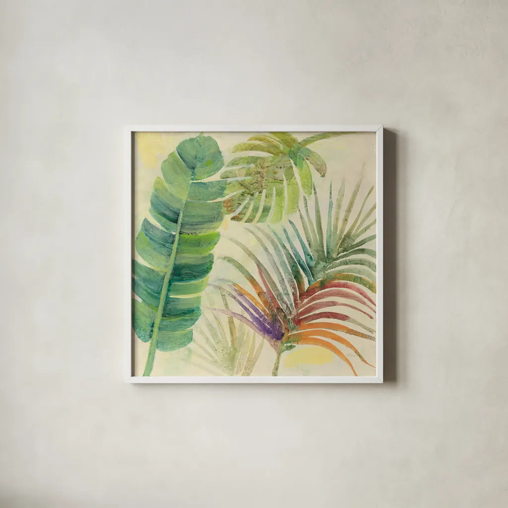 Tropical Delight I by Albena Hristova. Shown in a crisp white glass frame for a clean and minimalist style. Available as an archival giclee rolled canvas, fine art paper, or poster print. SKU 26517a.