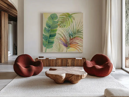 Tropical Delight I by Albena Hristova. Shown as extra-large giant wall art in a modern living room. Available as an archival giclee rolled canvas, fine art paper, or poster print. SKU 26517a.
