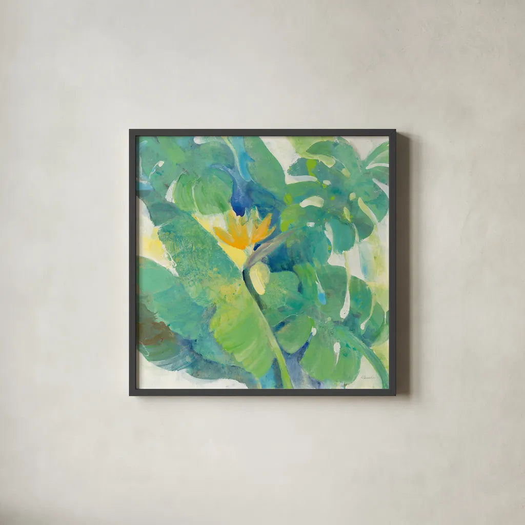 Tropical Paradise by Albena Hristova. Shown in a sleek black glass frame for a contemporary gallery look. Available as an archival giclee rolled canvas, fine art paper, or poster print. SKU 56279a.