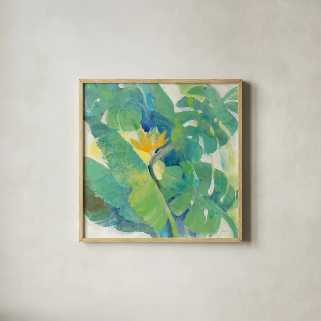 Tropical Paradise by Albena Hristova. Shown in a natural wood glass frame for a timeless modern aesthetic. Available as an archival giclee rolled canvas, fine art paper, or poster print. SKU 56279a.
