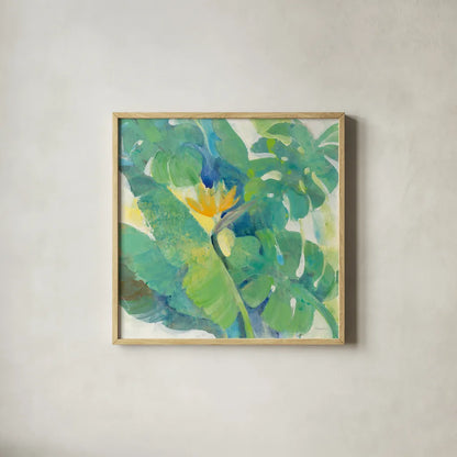 Tropical Paradise by Albena Hristova. Shown in a natural wood glass frame for a timeless modern aesthetic. Available as an archival giclee rolled canvas, fine art paper, or poster print. SKU 56279a.