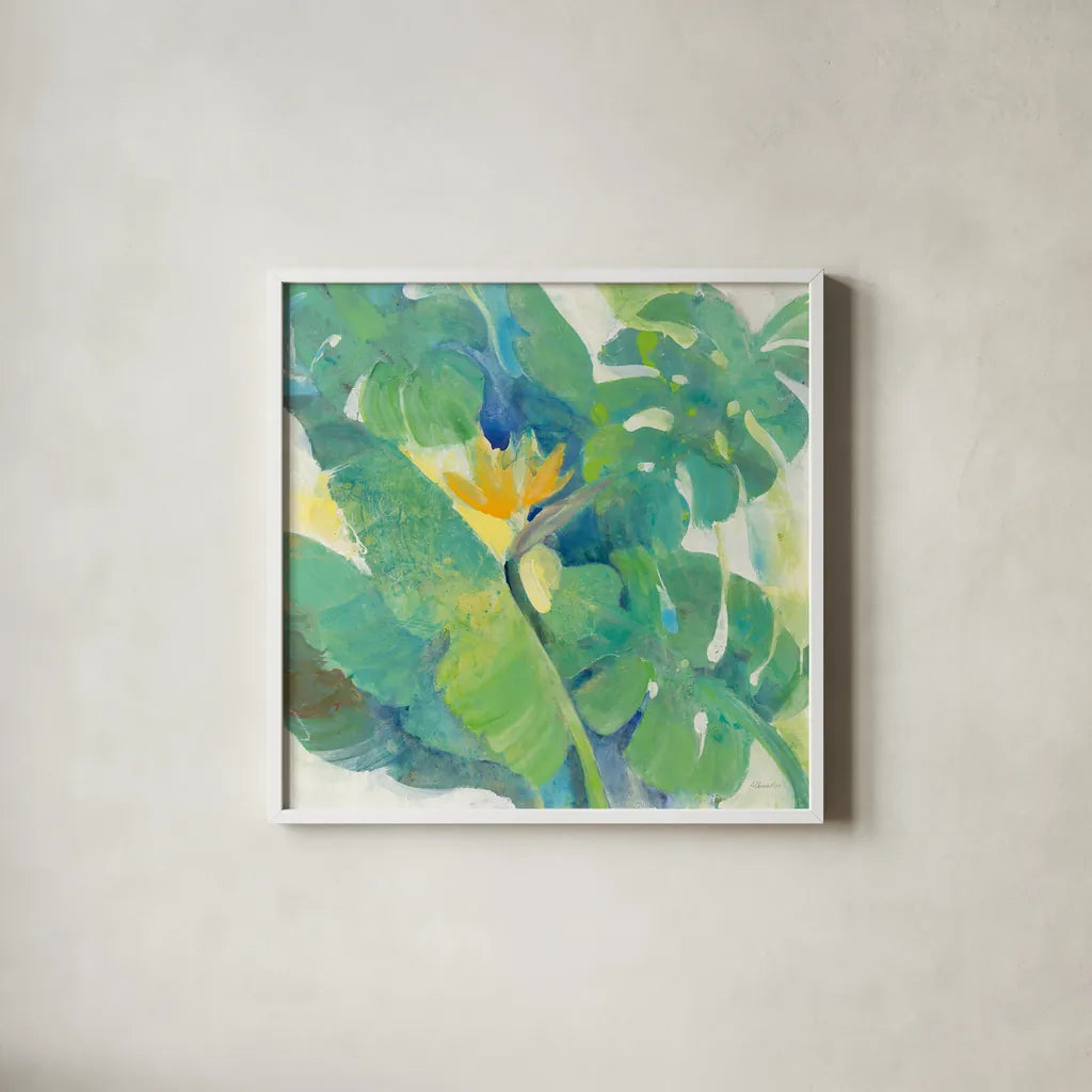 Tropical Paradise by Albena Hristova. Shown in a crisp white glass frame for a clean and minimalist style. Available as an archival giclee rolled canvas, fine art paper, or poster print. SKU 56279a.