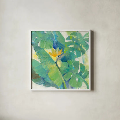 Tropical Paradise by Albena Hristova. Shown in a crisp white glass frame for a clean and minimalist style. Available as an archival giclee rolled canvas, fine art paper, or poster print. SKU 56279a.