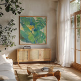 Tropical Paradise by Albena Hristova. Shown in a natural wood frame in a cozy modern living room. Available as an archival giclee rolled canvas, fine art paper, or poster print. SKU 56279a.