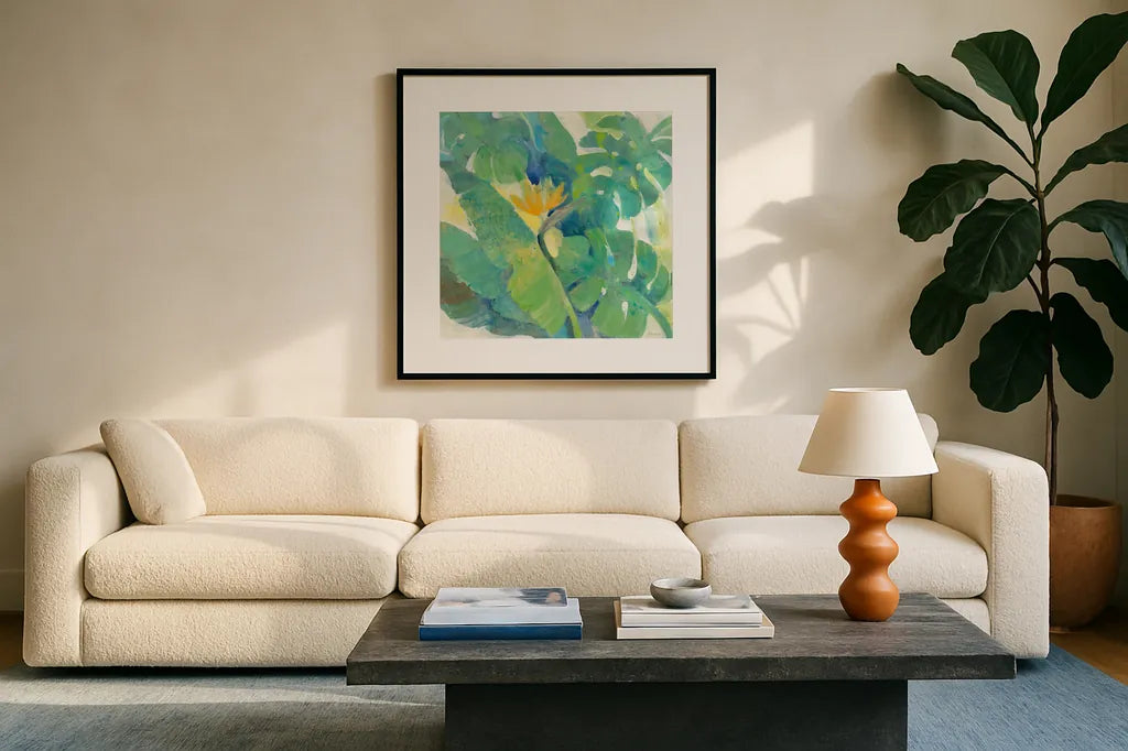Tropical Paradise by Albena Hristova. Displayed in a glass frame with matte in a clean modern living room. Available as an archival giclee rolled canvas, fine art paper, or poster print. SKU 56279a.
