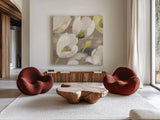Tulip Delight I Crop by Albena Hristova. Shown as extra-large giant wall art in a modern living room. Available as an archival giclee rolled canvas, fine art paper, or poster print. SKU 15972a.