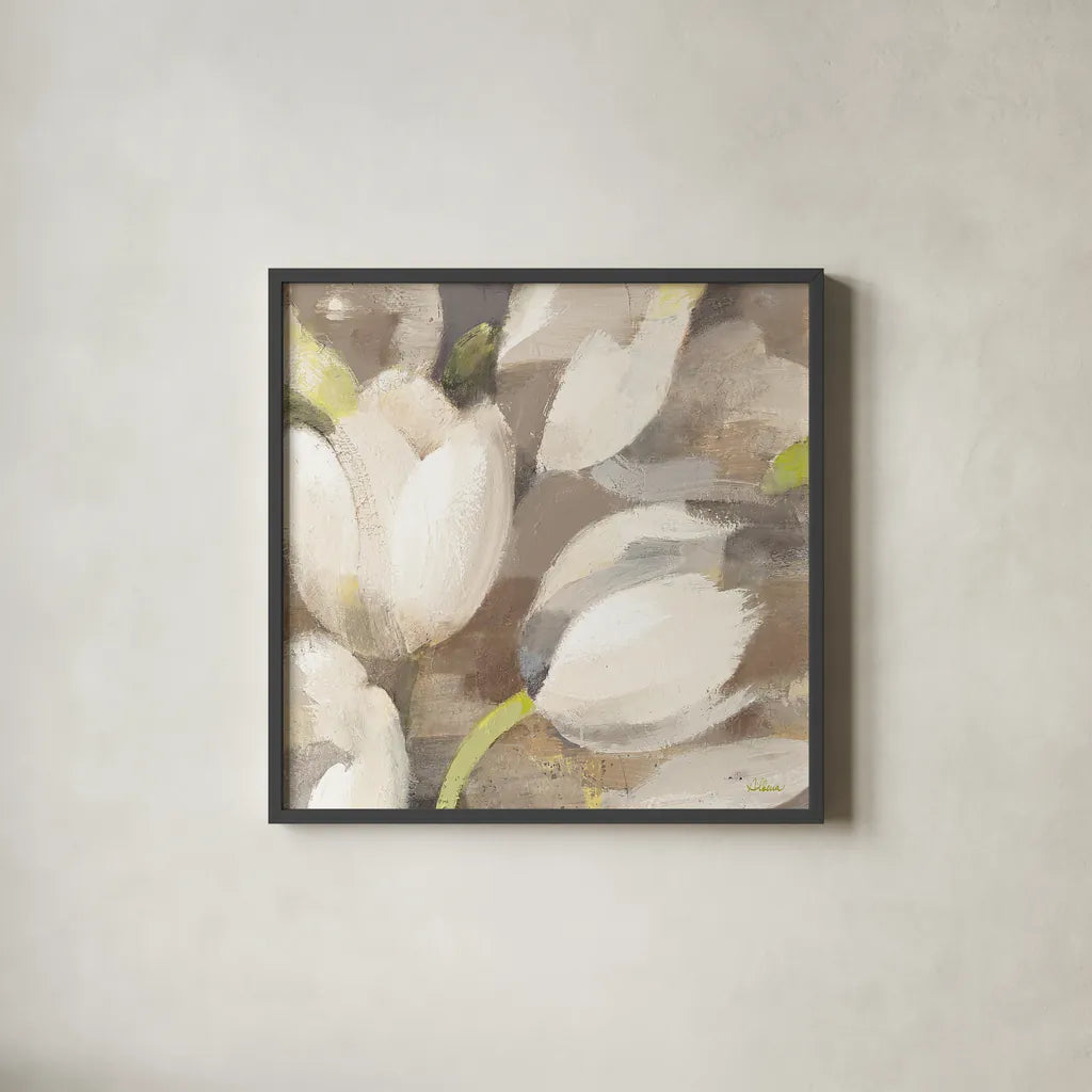 Tulip Delight II Crop by Albena Hristova. Shown in a sleek black glass frame for a contemporary gallery look. Available as an archival giclee rolled canvas, fine art paper, or poster print. SKU 15973a.