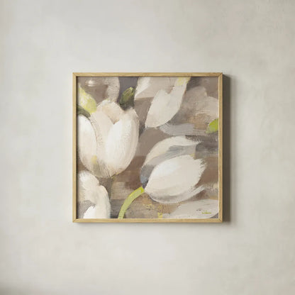 Tulip Delight II Crop by Albena Hristova. Shown in a natural wood glass frame for a timeless modern aesthetic. Available as an archival giclee rolled canvas, fine art paper, or poster print. SKU 15973a.