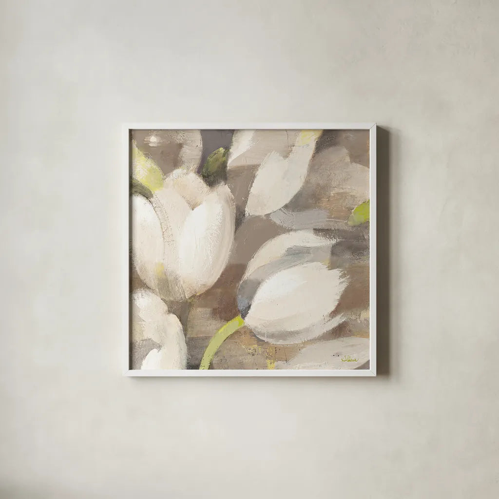 Tulip Delight II Crop by Albena Hristova. Shown in a crisp white glass frame for a clean and minimalist style. Available as an archival giclee rolled canvas, fine art paper, or poster print. SKU 15973a.