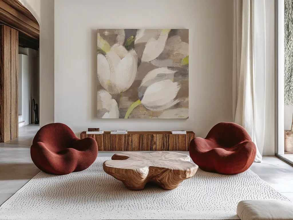 Tulip Delight II Crop by Albena Hristova. Shown as extra-large giant wall art in a modern living room. Available as an archival giclee rolled canvas, fine art paper, or poster print. SKU 15973a.