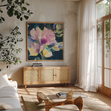 Tulip Splash by Albena Hristova. Shown in a natural wood frame in a cozy modern living room. Available as an archival giclee rolled canvas, fine art paper, or poster print. SKU 62488a.