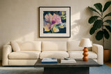 Tulip Splash by Albena Hristova. Displayed in a glass frame with matte in a clean modern living room. Available as an archival giclee rolled canvas, fine art paper, or poster print. SKU 62488a.
