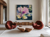 Tulip Splash by Albena Hristova. Shown as extra-large giant wall art in a modern living room. Available as an archival giclee rolled canvas, fine art paper, or poster print. SKU 62488a.