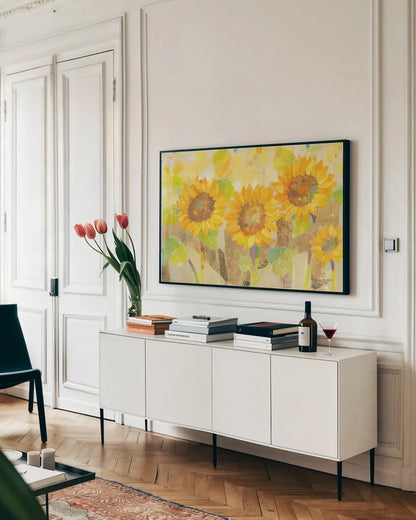 Turn to the Sun by Albena Hristova. shown as a framed stretched canvas in a living room above a console. Available as a archival giclee rolled canvas, fine art paper, or poster print. SKU 23495i.