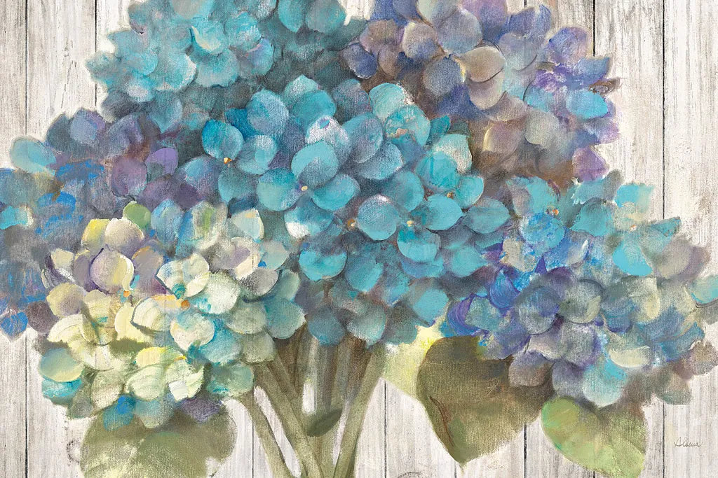 Turquoise Hydrangea on Barn Board by Albena Hristova. SKU 23459i. Archival Giclee Fine art print for wall decor.