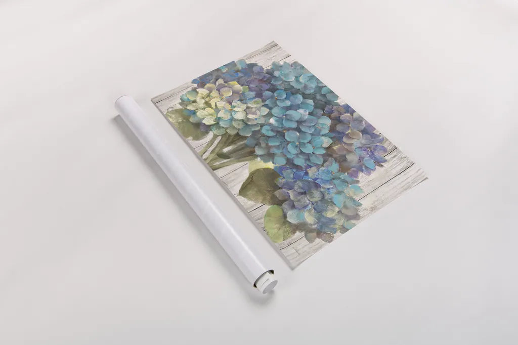 Turquoise Hydrangea on Barn Board by Albena Hristova. shown as a rolled paper print. Available as archival giclee rolled canvas, fine art paper, or poster print. SKU 23459i.