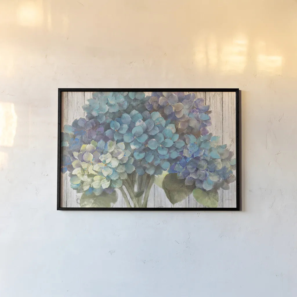 Turquoise Hydrangea on Barn Board by Albena Hristova. shown as a paper print in a black flame. Available as a archival giclee rolled canvas, fine art paper, or poster print. SKU 23459i.