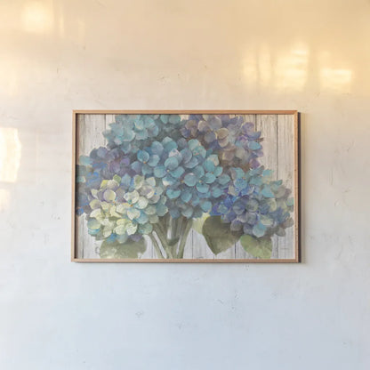 Turquoise Hydrangea on Barn Board by Albena Hristova. shown as a paper print in a natural frame. Available as a archival giclee rolled canvas, fine art paper, or poster print. SKU 23459i.