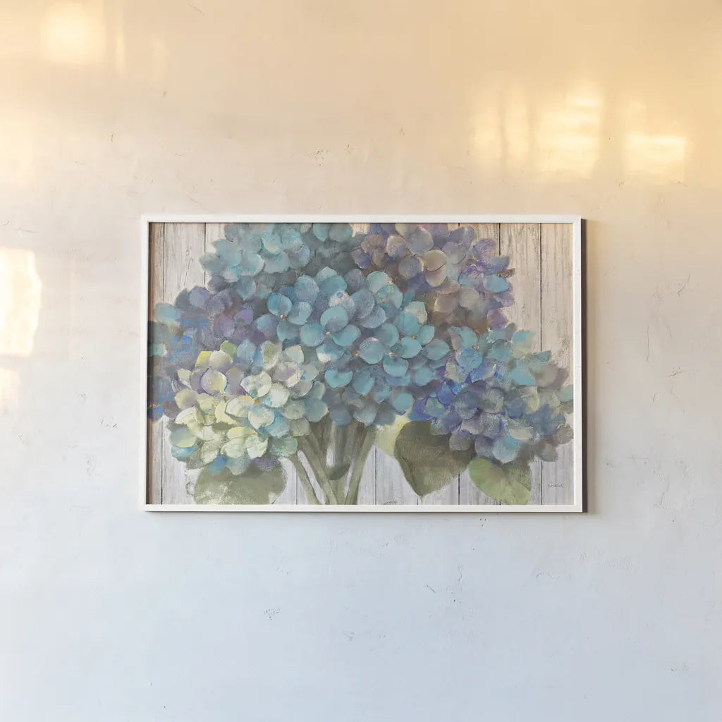 Turquoise Hydrangea on Barn Board by Albena Hristova. shown as a paper print in a white frame. Available as a archival giclee rolled canvas, fine art paper, or poster print. SKU 23459i.