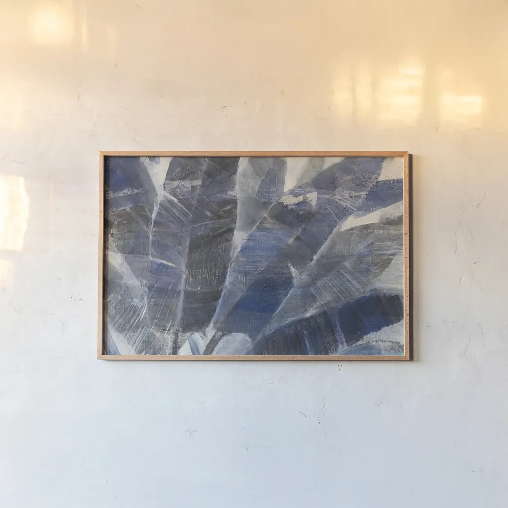 Twilight Palms by Albena Hristova. shown as a paper print in a natural frame. Available as a archival giclee rolled canvas, fine art paper, or poster print. SKU 70618i.