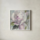 Twilight Peony by Albena Hristova. Shown in a crisp white glass frame for a clean and minimalist style. Available as an archival giclee rolled canvas, fine art paper, or poster print. SKU 46426a.