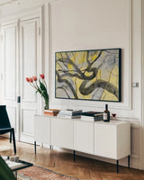 Twisted by Albena Hristova. shown as a framed stretched canvas in a living room above a console. Available as a archival giclee rolled canvas, fine art paper, or poster print. SKU 71834i.