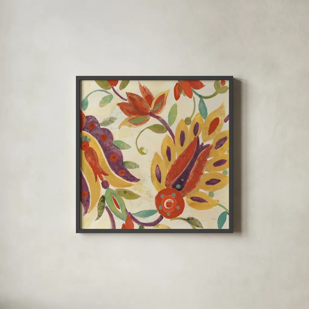 Two Step Spice and Purple v2 Crop by Albena Hristova. Shown in a sleek black glass frame for a contemporary gallery look. Available as an archival giclee rolled canvas, fine art paper, or poster print. SKU 43119a.