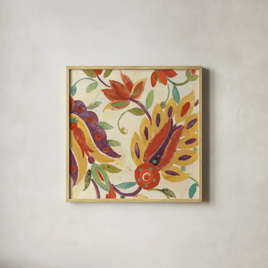 Two Step Spice and Purple v2 Crop by Albena Hristova. Shown in a natural wood glass frame for a timeless modern aesthetic. Available as an archival giclee rolled canvas, fine art paper, or poster print. SKU 43119a.