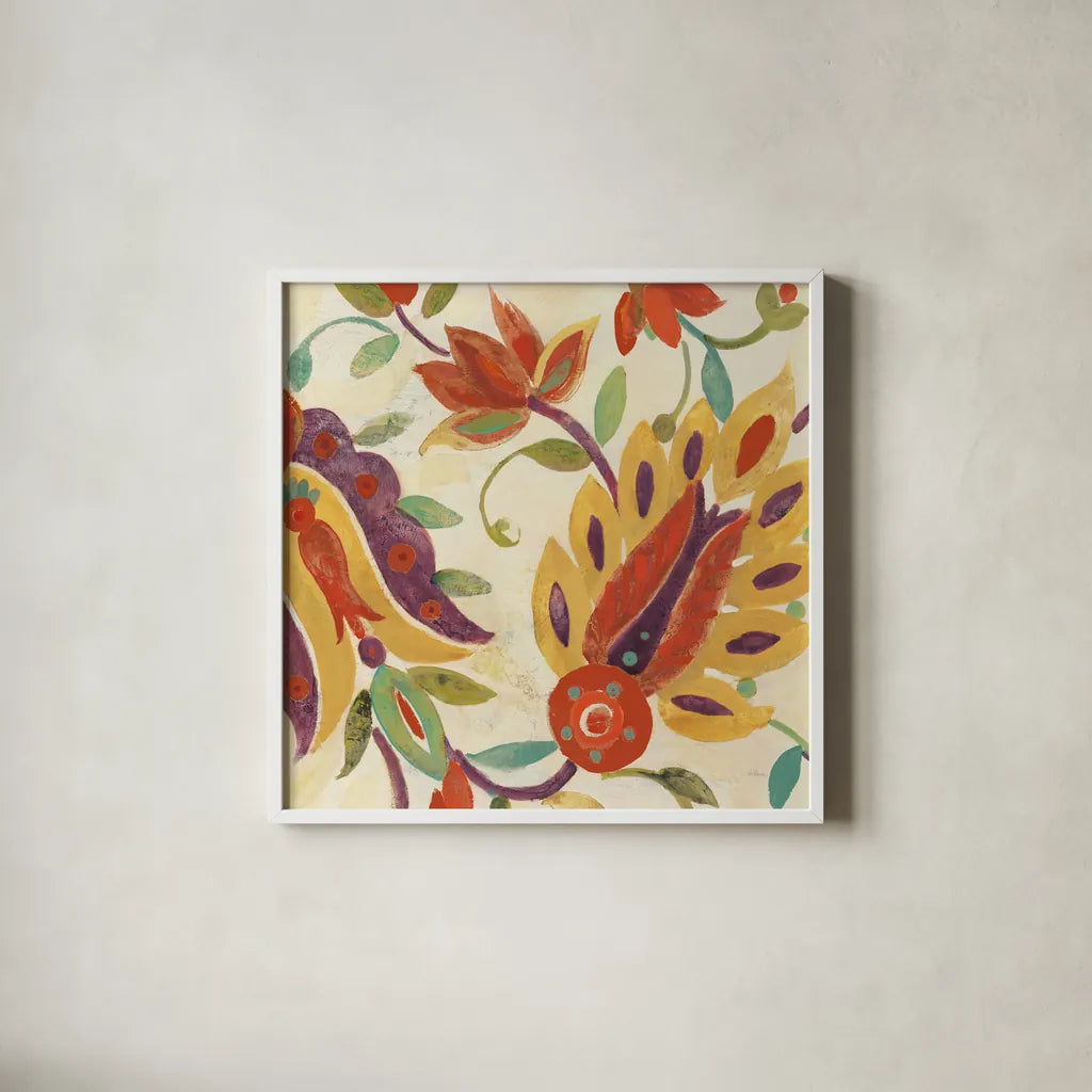 Two Step Spice and Purple v2 Crop by Albena Hristova. Shown in a crisp white glass frame for a clean and minimalist style. Available as an archival giclee rolled canvas, fine art paper, or poster print. SKU 43119a.