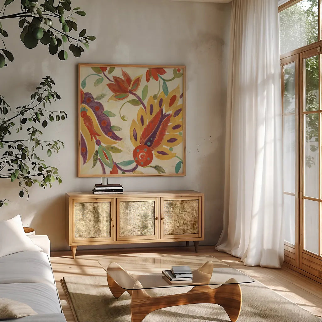 Two Step Spice and Purple v2 Crop by Albena Hristova. Shown in a natural wood frame in a cozy modern living room. Available as an archival giclee rolled canvas, fine art paper, or poster print. SKU 43119a.